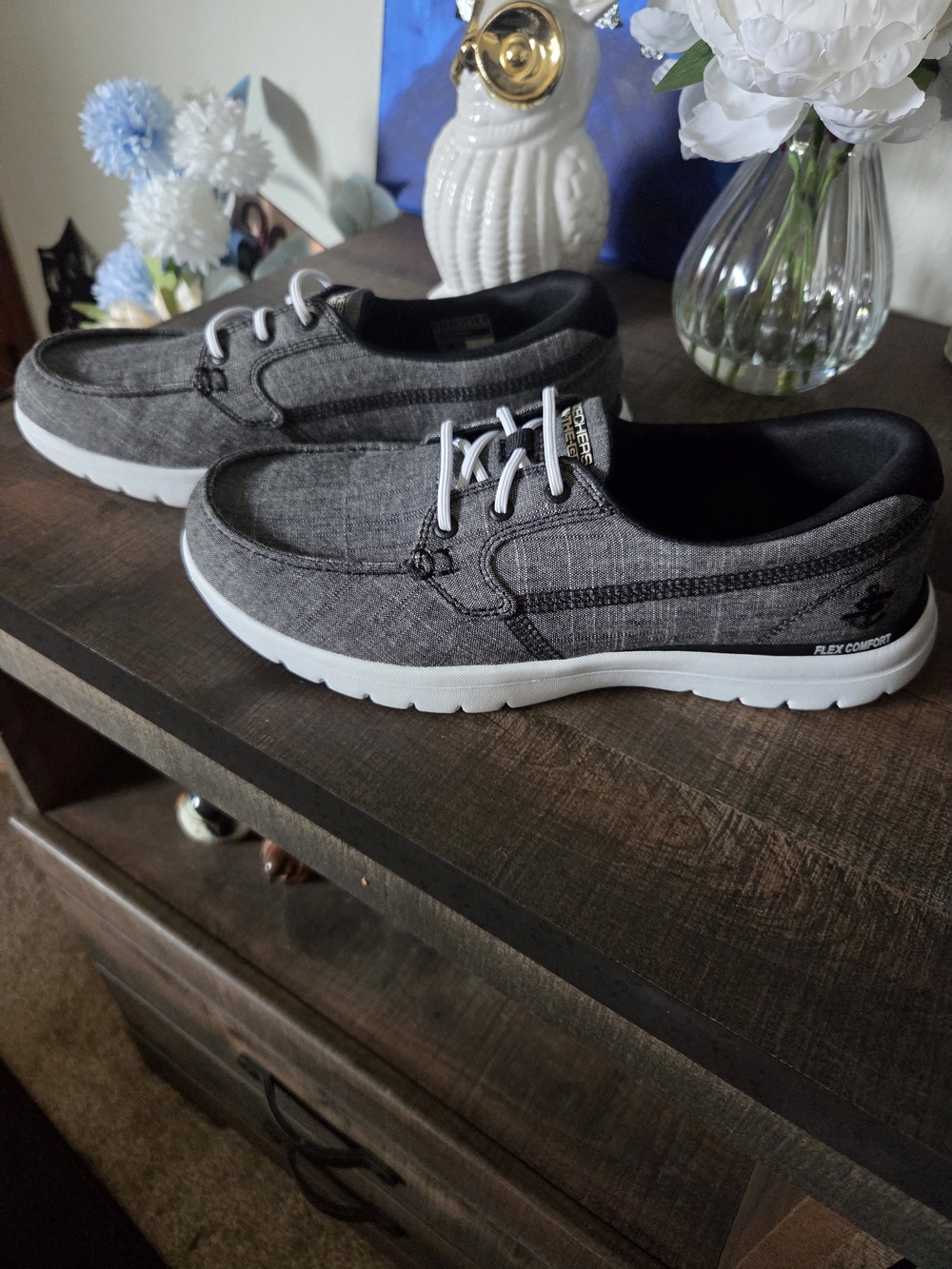 Skechers Women's Gray Canvas Boat Shoes with White Sole